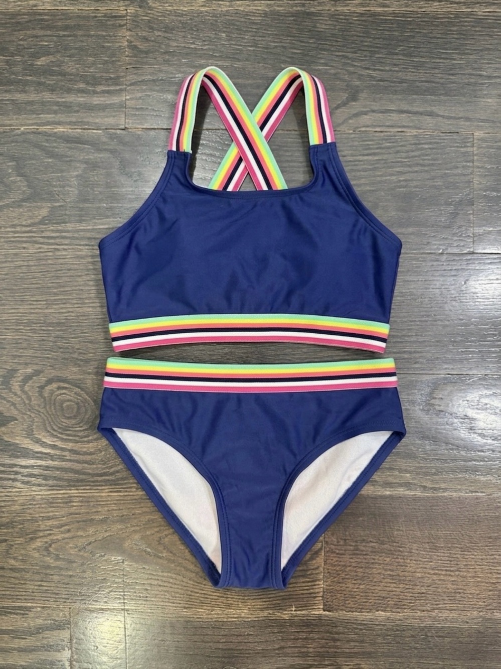 Navy Rainbow-Trim Girls' Two-Piece Swim Set